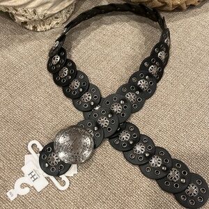 Haute Hippie Black Boho Silver Tone Disc Concho Western Waist Belt S/M